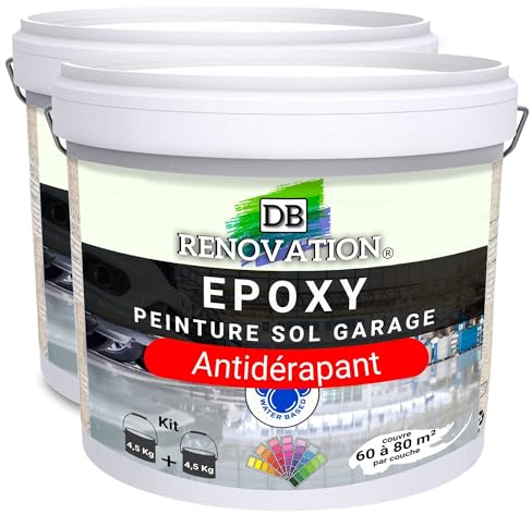 DB Rénovation Kit Antidérapant Peinture Résine Epoxy sol béton + Sable de quartz - Gris soie 10KG pour Garage - Trafic intense