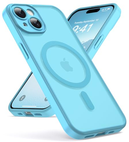 Oududianzi - Magnétique Coque pour iPhone 15 Magsafe Case, Lightblue | Housse de Arrière Translucide Givrée PC, TPU Silicone Bumper Étui Protection Antichoc Militaire Anti-Empreintes