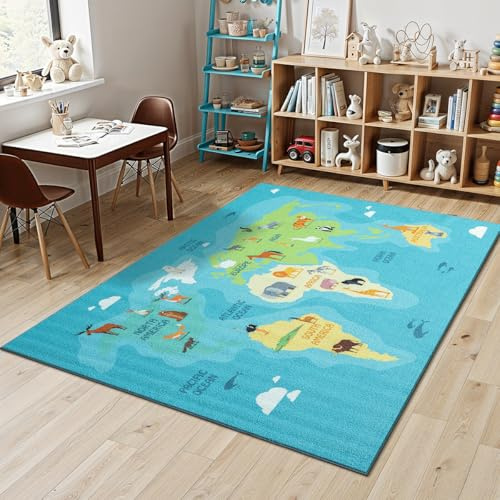 Mia´s Teppiche Joy Kids - Kinderzimmer, Kinderteppich, Spielteppich, Weltkarte, Tiere, Blau, 200 x 290 cm