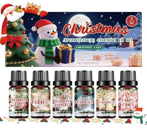 Weihnachten Ätherische Öle Set 6x10 ml, Ätherische Öle für Diffuser, Aroma Diffuser Öl, Duftöl Weihnachten Geschenkset - Weihnachtsbaum, Mistelzweig, Lebkuchen, Apfel-Zimt, Zuckerstange