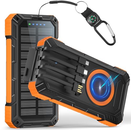 56800mAh Power Bank: Solare Wireless Power Bank 30W Ricarica Rapida, Caricatore Portatile Con 4 Cavi Integrati, 6 Uscite, Torcia, Powerbank per Campeggio, Cellulare, Tablet (Orange)