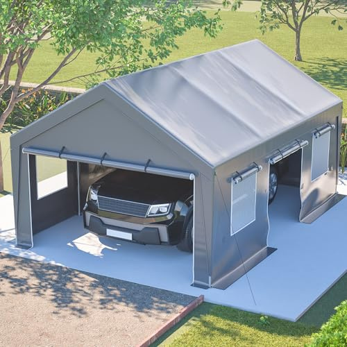 Tältgarage grå, garagetält vintersäkert 6 x 4 x 3 m, carport bil med rullande fönster, rullgardinsport och vattentätt sidoväggskydd, utrustningsskjul för bil, SUV, båt, lastbil (611 x 396 x 300 cm)