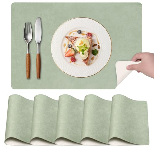 Hopelit 6er Set Platzsets Abwaschbar aus Kunstleder, rutschfest Tischsets Abwaschbar, Hitzebeständig Beidseitig, Premium Platzdeckchen Wasserdicht für Küche Esstisch, 45 x 30 cm, Grün/Beige