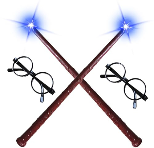 KBIBCK Leuchtender Zauberstab, 35 cm Hermine Zauberstab mit Licht und Sound, Magischer Zauberstabs mit 2 Brillenpaare für Zauberer, Zauberlehrlinge, Karneval, Spielzeug Cosplay