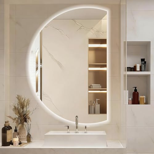 GXSDYYDS Großer Badspiegel mit Beleuchtung 120x84cm, Asymmetrischer Halbrunder LED Spiegel mit Touch-Schalter, 3 Dimmbare Lichtfarben, Beschlagfrei (IP66), Wandspiegel Badezimmer Spiegel