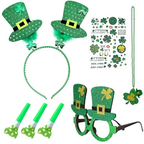 5 pièces Ensemble D’Accessoires de la Saint-Patrick, Vert Top Hat Bandeaux, Collier, Trèfle Vert Tatouages Temporaires, St Patricks Day Kostüm Accessoires, pour St Patricks Day, Carnival, Parade, Fête