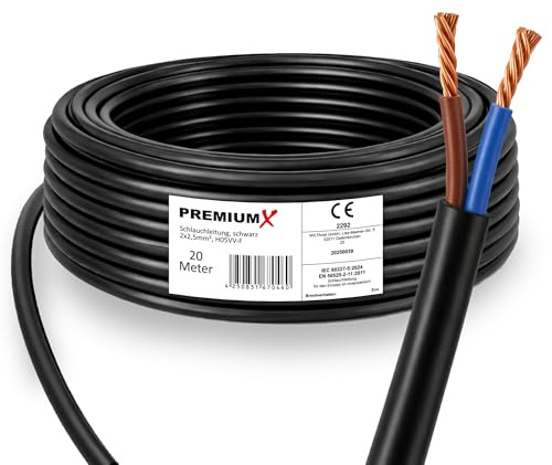 Premium X Manguera H05VV-F 2 × 2,5 mm² – Cable de conexión flexible de PVC para conexiones eléctricas en interiores – 20 metros