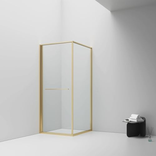 Belvit Shower Cubicle 90 x 90 cm, Sliding Door Opening Inwards, Tempered Safety Glass 6 mm, Anti-Limescale Coating, Space-Saving Reversible Left Right Frame, Aluminium Frame, Clear Glass, Brushed Gold
