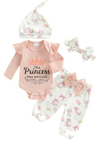 Yigubigu Newborn Baby Girls 4Pcs Clothes Set Letters Print Long Sleeve Romper Elastic Waist Pants Headband Hat Spring Fall Outfit