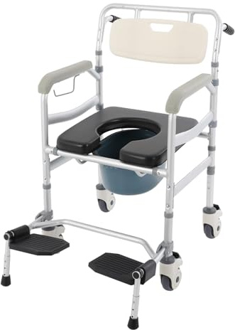 Fauteuil roulant de douche avec 4 roues verrouillables, repose-pieds, bras rabattables, hauteur réglable sur 3 niveaux, housse de siège de toilette amovible, capacité de 172 kg, chaise percée