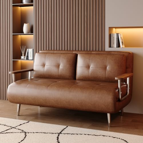 KAANAA Schlafsofa Klappsofa 150 cm, Braun, Lederoptik