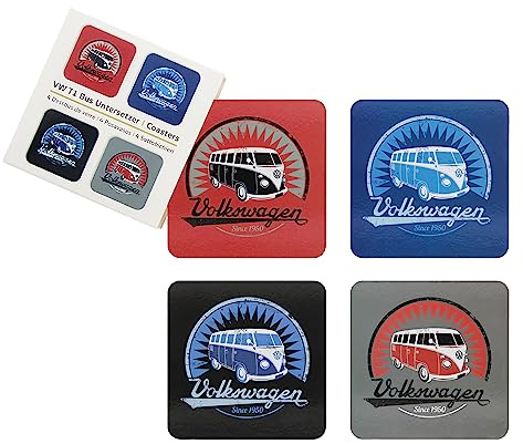 BRISA VW Collection Volkswagen Sottobicchieri per bevande in sughero con rivestimento in MDF Campervan T1 Bus design (Set di 4/Logo Vintage/Multicolore)