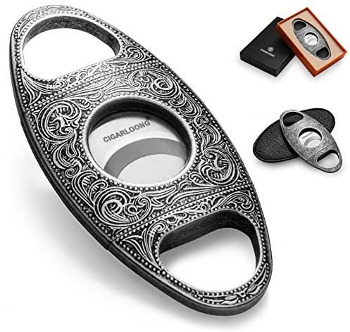 CIGARLOONG Cigar Cutter Stainless Steel Bronze Engraved Double Cut Blade Cigar Guillotine (Silver)