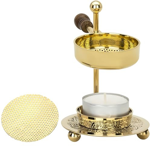 RÄUCHERSTÖVCHEN mit Holzgriff und Sieb. Aus Messing, goldfarben [Handarbeit, verstellbare Höhe 11 cm] Verstellbarer Weihrauchbrenner zum sanften Räuchern mit Teelicht (inklusive)