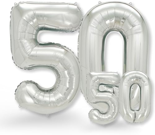 FUNXGO folienballon 50 Silber set - 2 Stück -100 & 38cm- luftballons Zahlen 50-50 Geburtstag - XXL Riesenzahl Geburtstagsdeko Set luftballon 50 silber ballon 50
