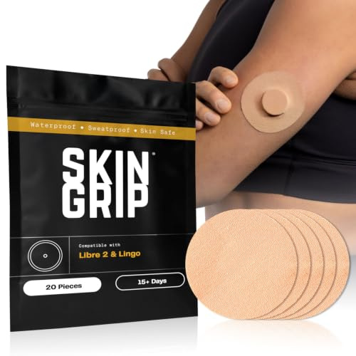 Skin Grip Freestyle Libre 2 Sensor Covers & Lingo CGM – Waterproof and Sweatproof Adhesive for 10-15 Days, Pre-Cut Medical Tape, Continuous Glucose Monitor Patch – 20 Pack, Tan