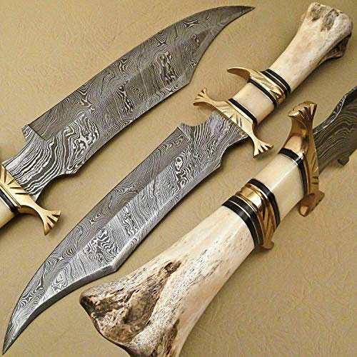 Kidsnado Damascus Steel Hunting Knife - Fixed Blade Knives with Sheath - Firm Grip Handle Made of Camel Bone (White)