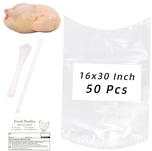 Large Turkey Poultry Shrink Bags,50 Pcs 16x30 Inches Clear Poultry Heat Shrink Bags Freezer with Freezer Labels,Zip Ties,Silicone Straw for Turkey, Chickens,Rabbits