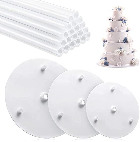 Cake Pegs for Tiered Cake with 3 Cake Separation Plates, Reusable Plastic Cake Stand Rod for Tiered Cake Construction