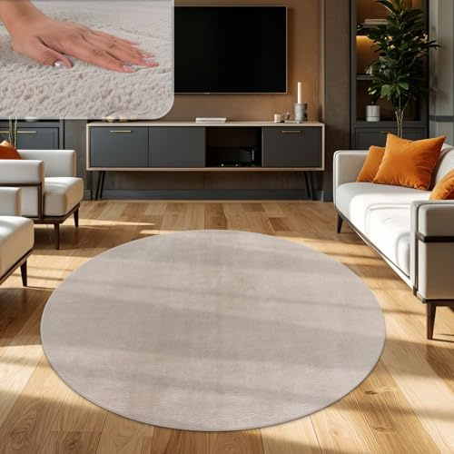 TT Home Wohnzimmer Teppich Hochflor Langflor Kunstfell Weich Modern Unifarben Flauschig, Farbe:Beige, Größe:120 cm Rund