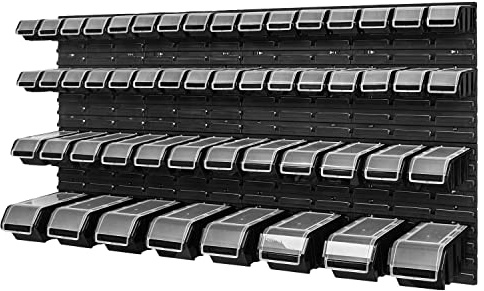 Stapelbox Wandregal - 1544 x 780 mm - Lagersystem 52 Stück Boxen mit Deckel - Lagerregal Sichtlagerkästen Schüttenregal, Schwarz