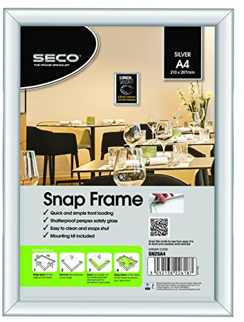 SECO Silver Aluminium Display Snap Frame - Pack of 5 - Easy Open for Posters, Menus, Notices & Signs – Wall Mountable Click Frame for Office, Retail, Restaurants & Public Spaces - A4 (210x297mm)