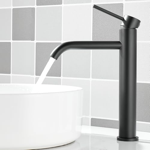 Tall Bathroom Basin Mixer Tap, High Rise Bathroom Sink Tap, Matte Black | High Spout Faucet for Counter-top Basin, Modern Style, Flexible Hoses, Stainless Steel