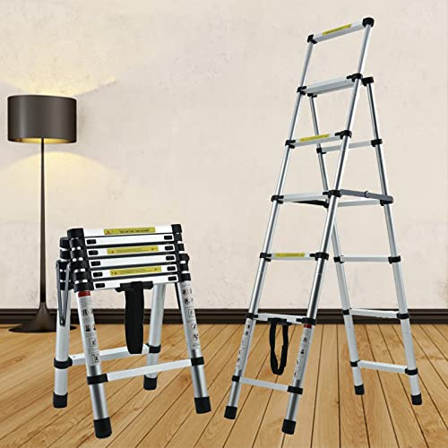 5.5FT A-Frame Aluminum Extension Ladder Portable Foldable Anti-Slip 5+6 Steps Telescoping Ladder Collapsible Ladder with Handrails and Safety Lock 330lb Max Load for Household Daily Hobbies Repair