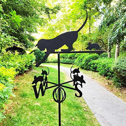 Girouette avec flèche de direction du vent avec tige d'insertion au sol, girouette chat souris, girouette de jardin en fer forgé pour décoration de cour, pelouse, garage, dôme, grange ou pavillon