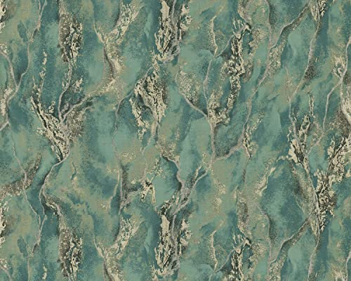 Carta da parati grafica EDEM 421ST28 Carta da parati TNT goffrata a caldo leggermente strutturata con aspetto pietra ed accenti metallici verde verde-smeraldo marrone oro 10,65 m2