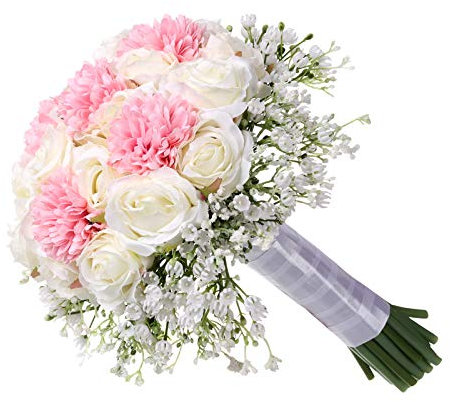 HXSCOO Handgemachter Blumenstrauß aus künstlicher Seide, rosa, weiße Blume, Brautstrauß for Hochzeit, Innendekoration, Party, Event