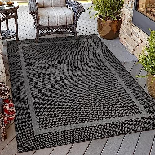 HomebyHome Outdoor Teppich Läufer 80x150 cm Schwarz Bordüre Design Flachgewebe Wetterfest Waschbar für Flur Eingang Balkon Küche