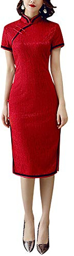 Floral Lace Cheongsam Embroidery Vintage Fashion Short Sleeve Side Slit Qipao Chinese New Year Tradtional Costume, 02#_wine Red, M