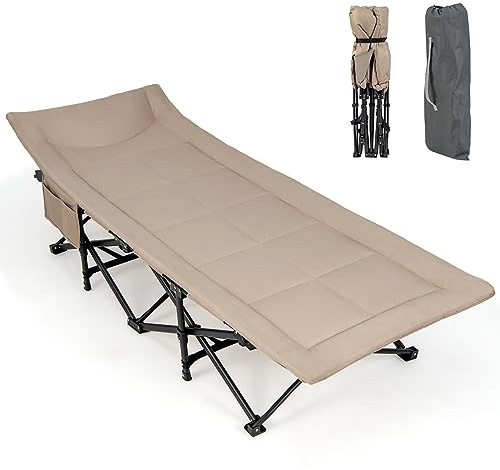 COSTWAY Lit de Camp Pliable 1 Personne 190 x 68,5 x 48,5 cm, Charge 200 kg, 10 Pieds de Soutien, Matelas, Appuie-tête, Sac de Transport, Poche Latérale, Lit Pliant pour Camping Voyage Bureau, Kaki