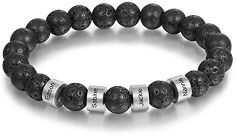 Dreamgem Perlenarmband für Männer natürliches Vulkangestein Armband für Herren mit Namen Gravur mit Edelstahl Perle Geschenk für Freund Ehemann Vater
