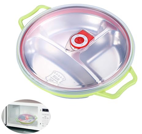 RHBHY Assiettes Compartiment plateau Repas Enfant 19CM Assiette en Acier Inoxydable avec Couvercle Assiette 3 Compartiments Sans BPA - Passe au Lave-Vaisselle et Au Micro-Ondes (Vert, 19CM)