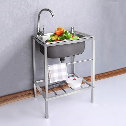 Spüle Edelstahl,Edelstahl Waschbecken für den Außenbereich,Outdoor Garage Garten Camping Keller Ausgussbecken mit Backsplash Abfluss Sieb,Spülbecken mit Warm Kaltwasserhahn (Size : 48 * 35cm)