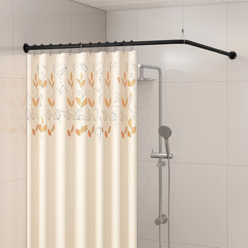Yampos L Shaped Corner Shower Curtain Rod, 24 - 53 x 24 - 53 Adjustable 90 Degree Curved Bathroom Rod Square Rail No Sag with 12 Hooks & Ceiling Support - Black
