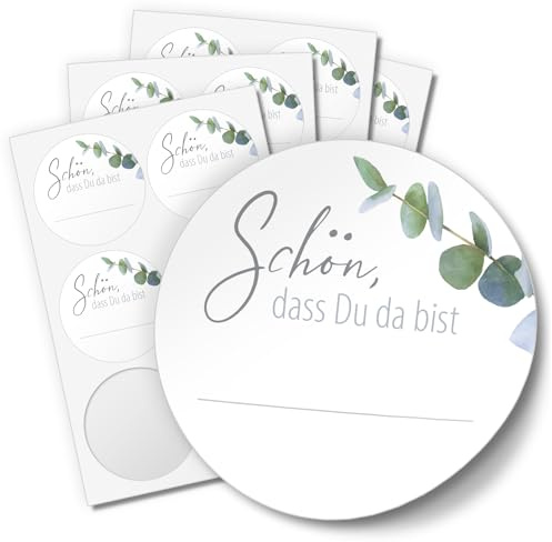 Einladungskarten Manufaktur Hamburg 48 Aufkleber SCHÖN, DASS DU DA BIST für Hochzeit Geburtstag Danke Taufe Etiketten rund 4cm, Eukalyptus