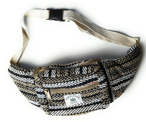 Himalaya-Bauchtasche aus Bio-Baumwolle, gestreift, Baumwolle und Hanf, Umhängetasche, Festival- und Urlaubstasche, Reisetasche, Schwarz, Einheitsgröße