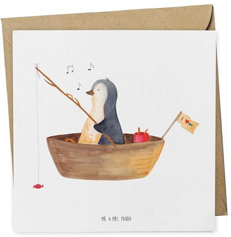 Mr. & Mrs. Panda Grußkarte Pinguin Angelboot - Geschenk, Angeln, anlasskarte, doppelkarte, Boot, Pinguine, faltkarte, Optimistisch, Genießen, Klappkarte, Glückwunschkarte