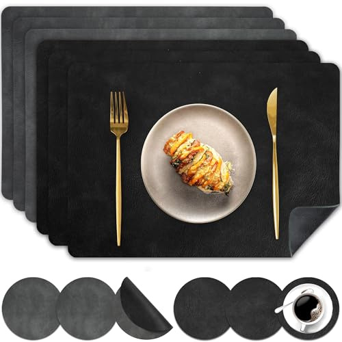 Pixieora Tischsets Abwaschbar und Untersetzer, Tischset Kunstleder Doppelseitigen rutschfest Platzsets in Lederoptik Platzdeckchen Telleruntersetzer (Grau Schwarz, 6er Set)
