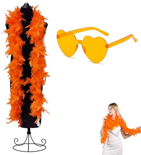 Feather Boa, 2m/6.6ft Natural Turkey Orange Feathers Boa And Orange Heart Sunglass, 40g Party Fluffy Boa Feather Scarffor Bulk, Suitable For Fancy Dress Party, Halloween, Cosplay