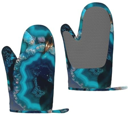 Oven Mitts Set 2 pcs Silicone Kitchen Oven Glove Teal Agate Oven Mitt Heat Resistant Oven Glove for Cooking Non-Slip Cooking Gloves Washable Potholders for Baking BBQ