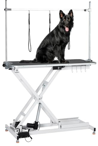 Hydraulischer Fellpflegetisch für große Hunde, höhenverstellbar, elektrischer Fellpflegetisch, Trimm-/Trockentisch mit Arm/Schlaufe, maximale Kapazität bis zu 129 kg, Weiß