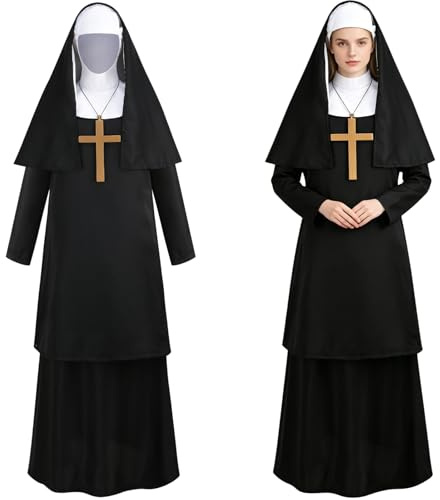 HAPNBCELE Vuxen nunna kostym traditionell nunna klänning innehåller tillbehör kors halsband hatt halloween festdräkt, Svart-b, S