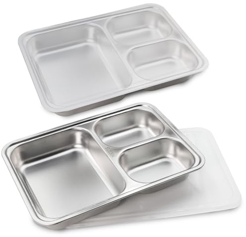 Rechteckige geteilte Teller für Erwachsene (2 Packungen), 304 Edelstahl, Portionskontrollteller mit Trennwänden, 26 x 18 cm, leichtes Fach, BPA-frei, wiederverwendbar