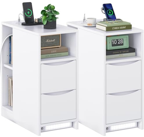 Brinlawb Nachttisch 2er Set mit Ladefunktion und LED-Beleuchtung, Nachttisch Schmal Nachtschrank 2er Set mit 3 offenen Fächern, 2 Schubladen, Beistelltisch Schmal Sofatisch für Schlafzimmer Wohnzimmer