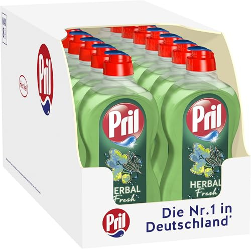 PRIL Herbal Fresh Limited Edition (16 x 450 ml), Handgeschirrspülmittel mit hoher Fettlösekraft, für sauberes Geschirr auch in kaltem Wasser, Kräuter-Duft aus Eukalyptus & Thymian