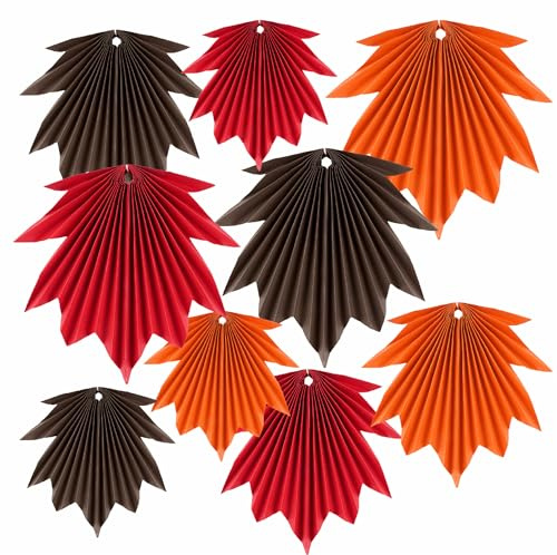 9 Stück Herbstdeko Papier Fächer Orange, Ahornblatt Papier Girlande,Hängende Ahornblatt Papierblumen für Herbst Dekoration Thanksgiving Geburtstag Hochzeit Party Tischdeko